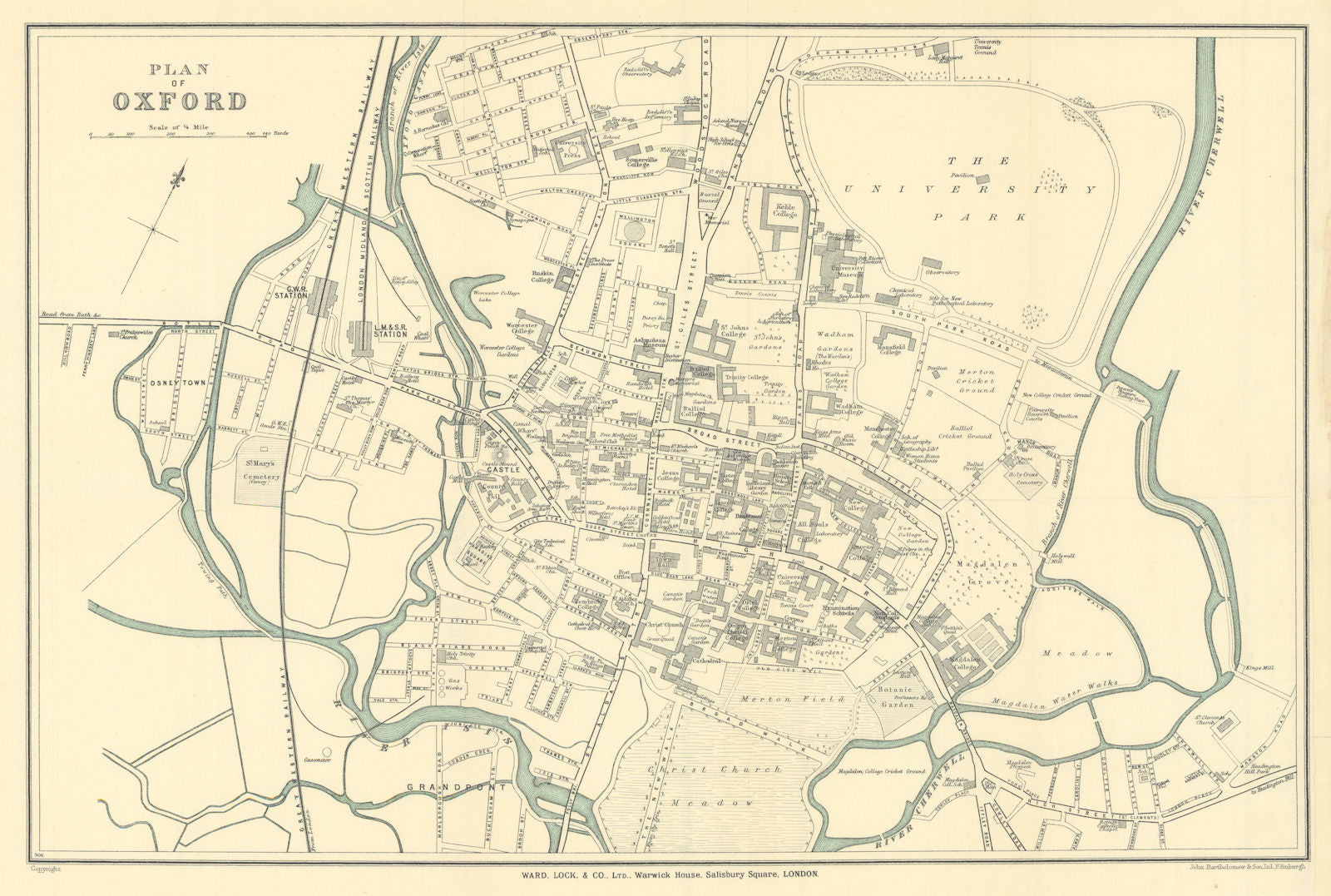 OXFORD vintage town/city plan. University colleges. WARD LOCK 1928 old map